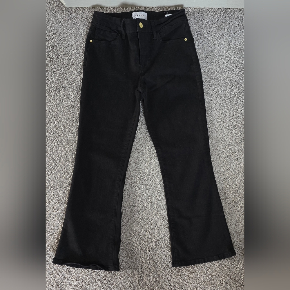 Frame Denim Le Pixie Crop Mini Boot Black Flare Jeans with Gold Accents Size 26